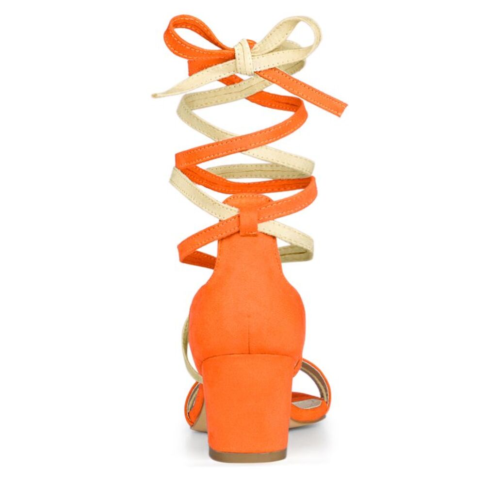 Open Toe Lace Up Color Block Heel Ankle Strap Sandals Orange - Picture 4 of 6